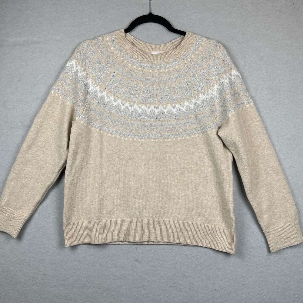 J.Jill Fair Isle Beige Tan Sequin Shimmer Nordic Apres Ski Sweater Sz M Petite